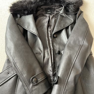 Mango faux leather long coat with fur collar