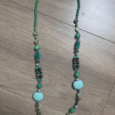 Long necklace with green and turquoise beads