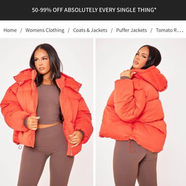 Tomato red oversized hooded puffer coat