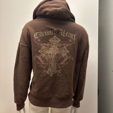 Felpa con cappuccio marrone con zip e croce