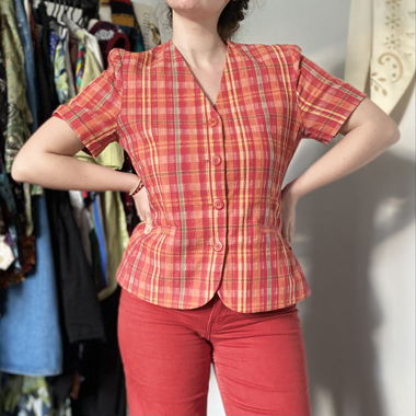  Vintage 80s Red & Orange Plaid Cotton Jacket