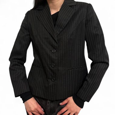 black blazer with white pinstripes