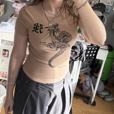 Beige Ribbed Dragon T-Shirt