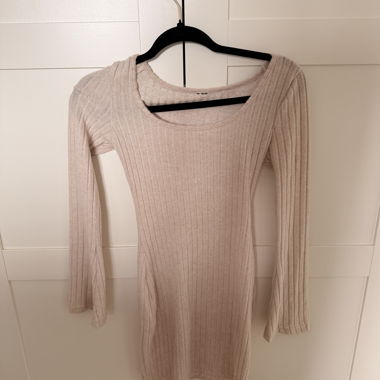 Beige Ribbed Long-Sleeve Dress