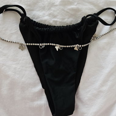 Black thong bikini bottom with waist chain
