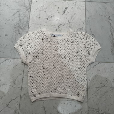 ZARA pearl embellished short sleeve sweater