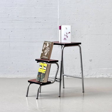 Step stool with brown faux leather & chrome frame