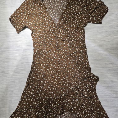 Brown Short Wrap Dress with Floral Print