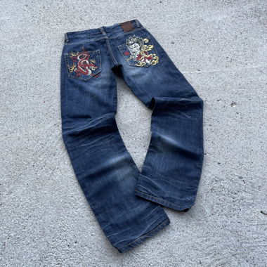 Pantaloni in denim giapponese decorati & cuciture rare