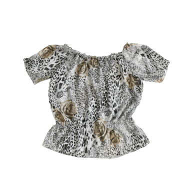 Top in mesh fluido off-shoulder stile Y2K con stampa animalier