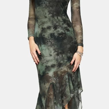 DISTURBIA Nova Mesh Long Sleeve Tie Dye Maxi Dress