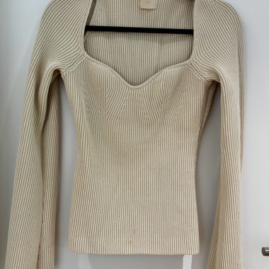 Beige ribbed long-sleeve top