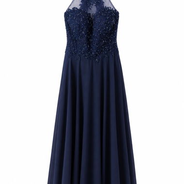Robe de soirée bleue marine en dentelle