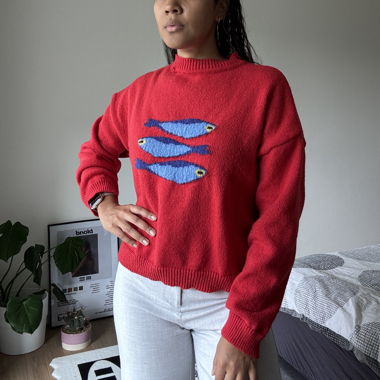 Roter Pullover mit Fischmuster