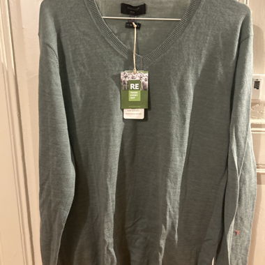 Pull en V MANOR en laine mérinos vert (petrol)