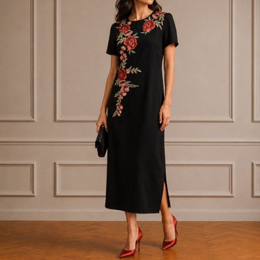 Zara schwarze Crepe-Kleid mit Stickerei