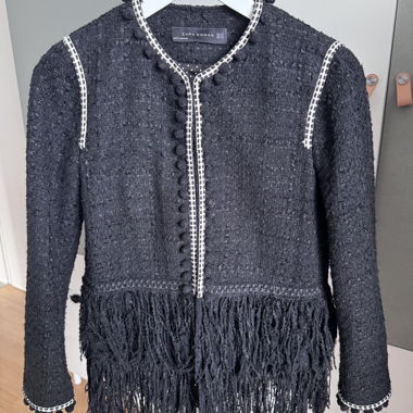 Zara black tweed jacket fringes XS