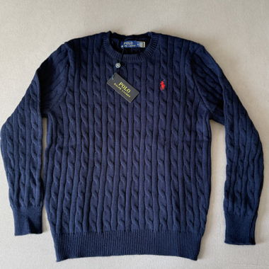 Cable Knit Polo-Style Sweater – Navy – New