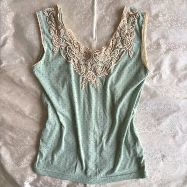 Physical Polka dot Mint floral Lace Trim Tank Top