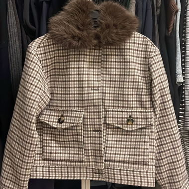 Checked Jacket with Removable Faux-Fur Collar