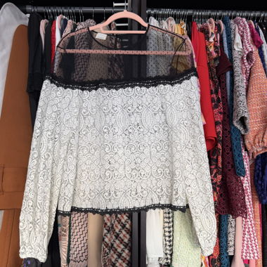 Blusa in pizzo rosa, nera e bianca, IT 40