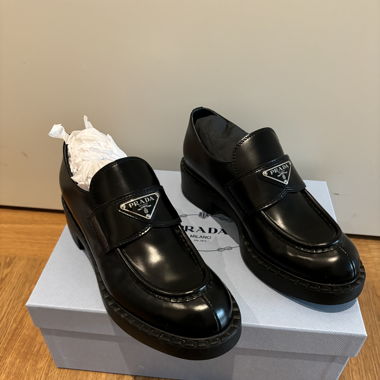 Chocolate brushed leather Prada loafers,new,38 1/2