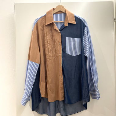 Patchwork Hemd blau/camel
