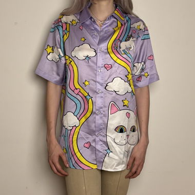 RIPNDIP Cat Unicorn Rainbow Print Satin Shirt