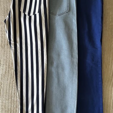 Mix and match 3 trousers: one striped, denim and chino
