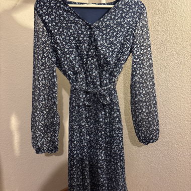 Blue Floral Dress with Tie Belt