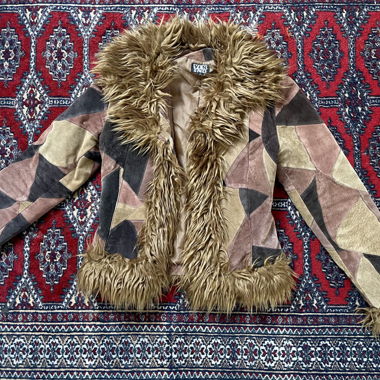 Giacca patchwork vintage in ecopelle con pelliccia sintetica