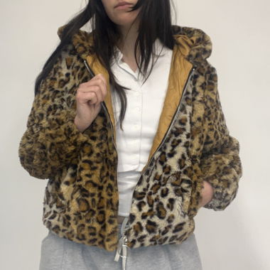 Leopard Fake Fur Jacke mit Kapuze