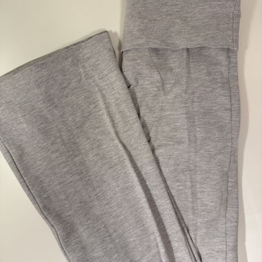 Grey fabric pants with fold-over waistband