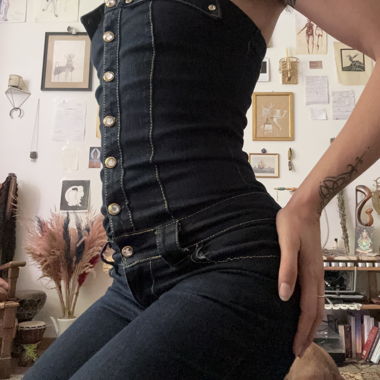 Dark blue Strapless Denim Jumpsuit