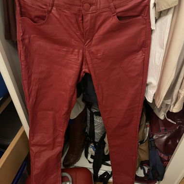Red faux leather pants 