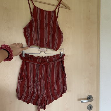 Red striped shorts and crop top set, size S