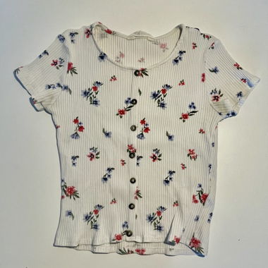 T-Shirt, Weiss mit Blumen, gerippt 