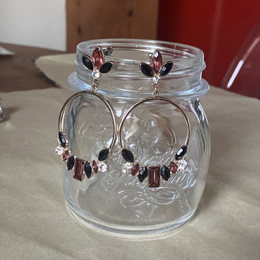 Gold hoop earrings pink and black