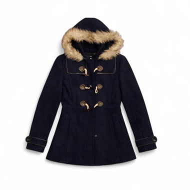 MANTEAU D'HIVER BLEU MARINE AVEC BORDURE EN FOURRURE SYNTHÉTIQUE