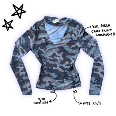 y2k camo print mesh longsleeve top with v-neck