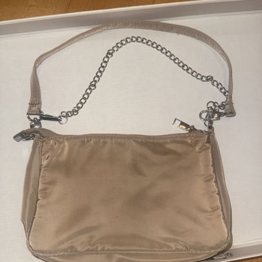 Beige nylon baguette bag with chain strap