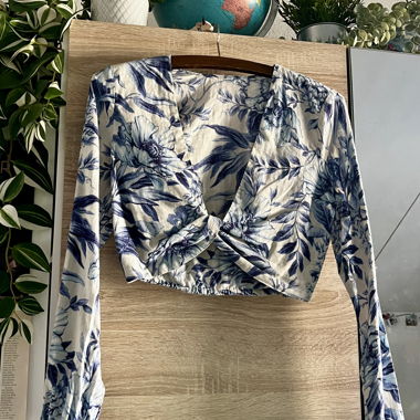 Linen Blend Floral Wrap Top