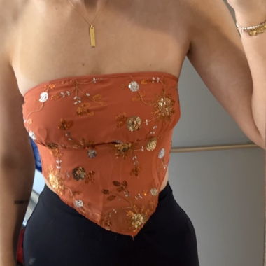 Rust orange sequin floral handkerchief tube top