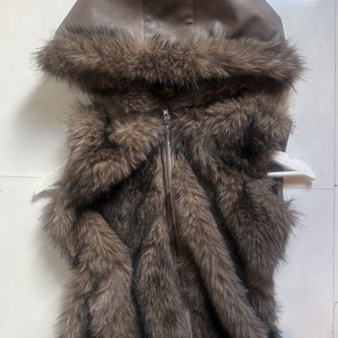 Faux Fur-Trimmed Hood Leather Vest