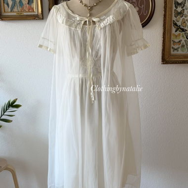 Set Peignoir Vintage in Chiffon di Nylon Bianco Taglia S