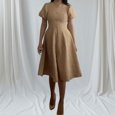Elegant Fitted Beige Brocade Dress