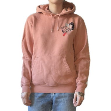 Old pink hoodie with embroidered hand graphic