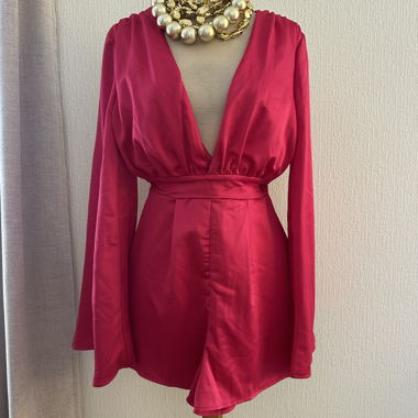 Fuchsia satin playsuit with open back