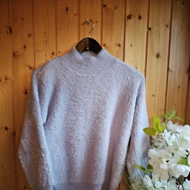 High Neck Sweater, Puff Sleeves with Pearls