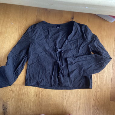 Black long-sleeve tie-front blouse, cotton 